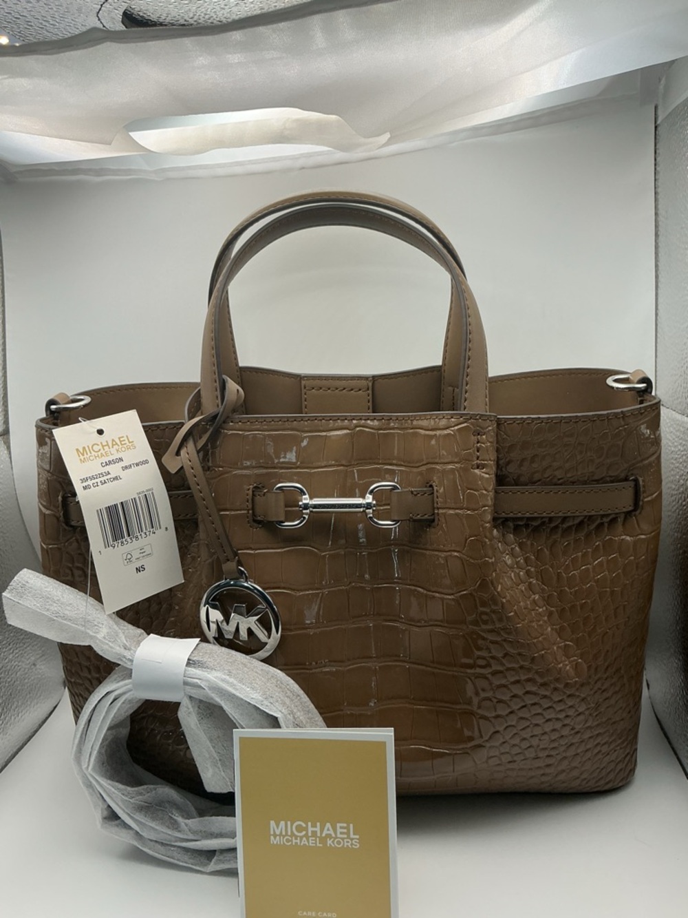 Michael Kors Carson MD Croc Embossed Satchel Driftwood NWT